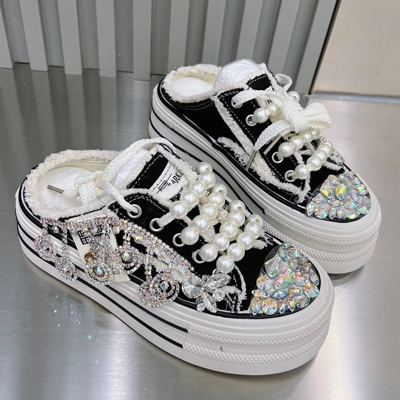 High Quality Shiny Sequined Slippers Flat Shoes Crystal Pearl Studs Canvas Shoes Loafers Shiny Women's Vulcanized Slippers