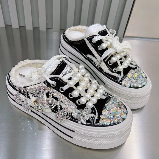 High Quality Shiny Sequined Slippers Flat Shoes Crystal Pearl Studs Canvas Shoes Loafers Shiny Women's Vulcanized Slippers