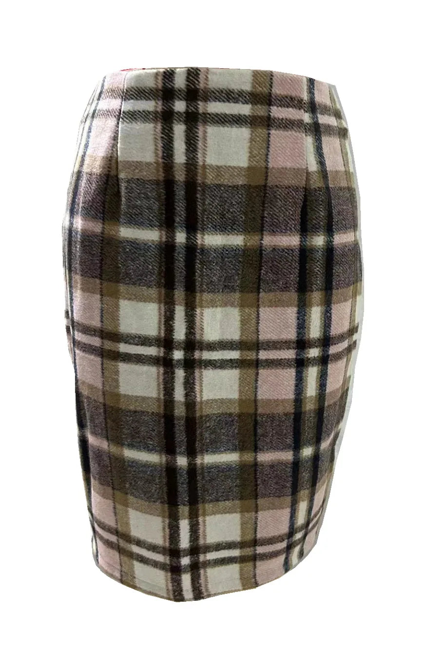 2025 Autumn and Winter Women's Plaid Hip Skirt Zipper Slim Wool Blend Fashion Office Pencil Skirts Midi Skirt