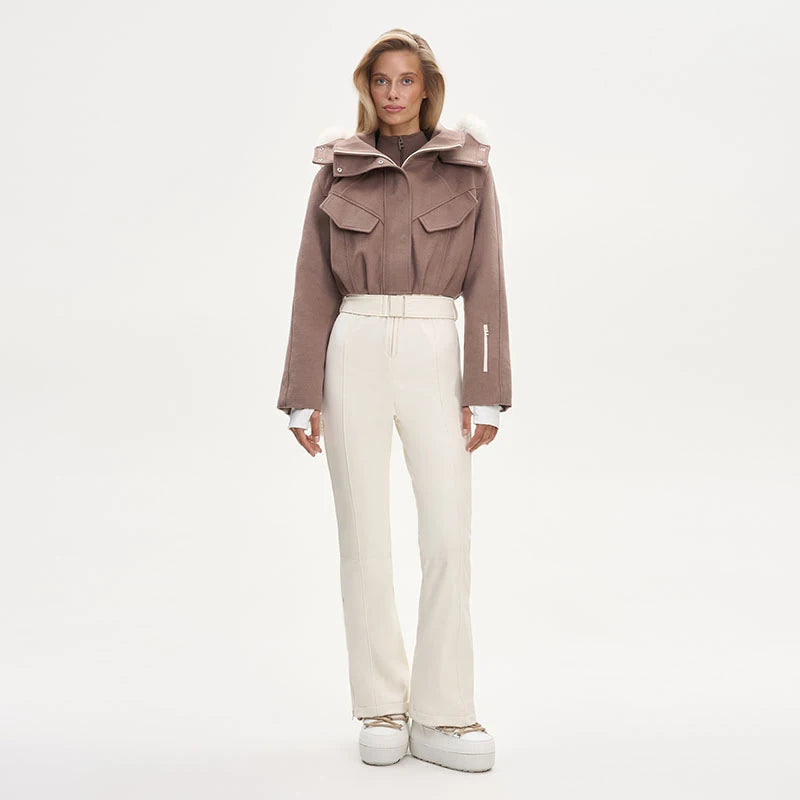 Casual Fur-Trimmed Hooded Ski Suit Women Fashion Belted Slim Full Sleeve Warm Jumpsuits Female 2026 Winter Snow Bodysuit Lady