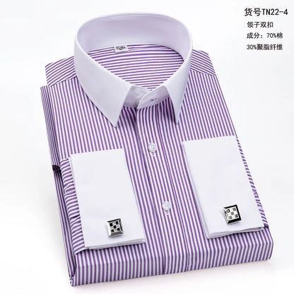 2026 Men's French Cufflink Shirt Slim-fit Colored Collar Business Dress Men's Long Sleeve Striped Shirt Collar