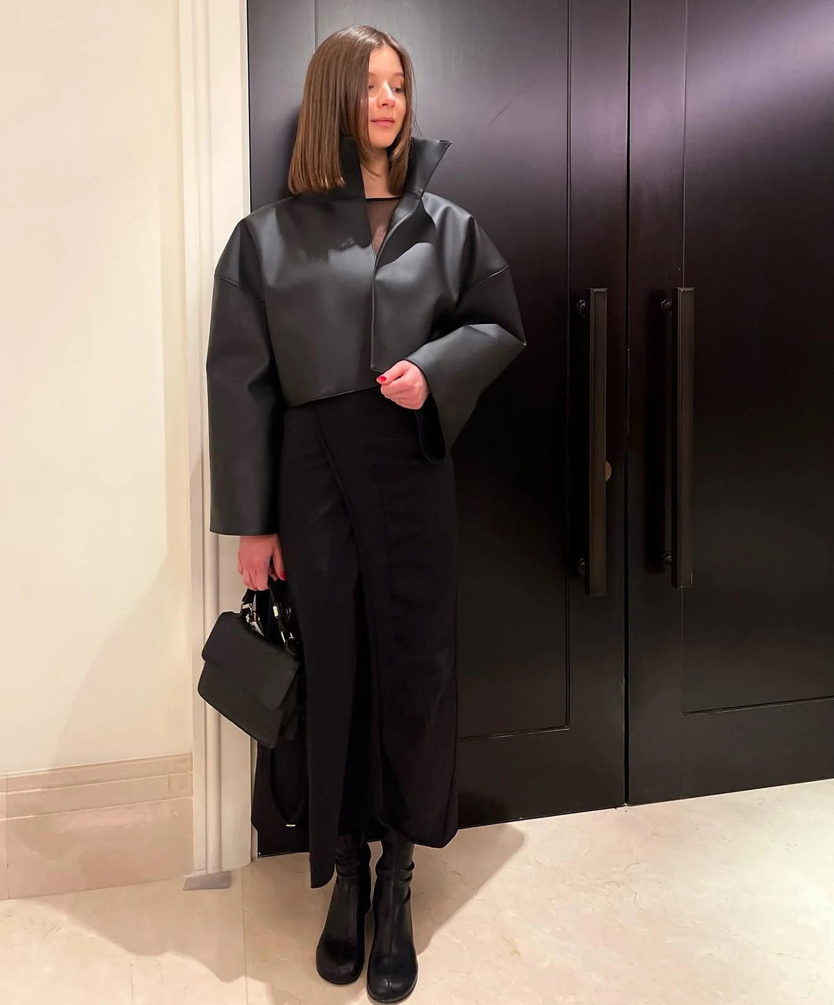 Women Retro Cropped Pu Leather Jacket High Stand Collar Open Front Loose Oversized Long Sleeve Outerwear Street Short Outerwear
