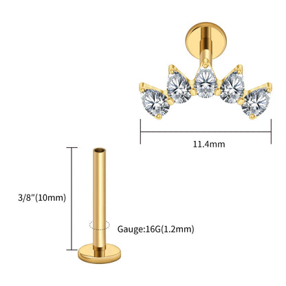 Right Grand ASTM F136 Titanium 5-Pear CZ Crown Cartilage Earring 16G Flat Back Stud Helix Tragus Labret Nose Piercing Jewelry
