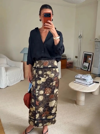 Retro Floral Print Midi Skirt For Women High Waist Wrap Side Button Straight A‑Line Casual Long Skirt Autumn Daily Bottoms 2026