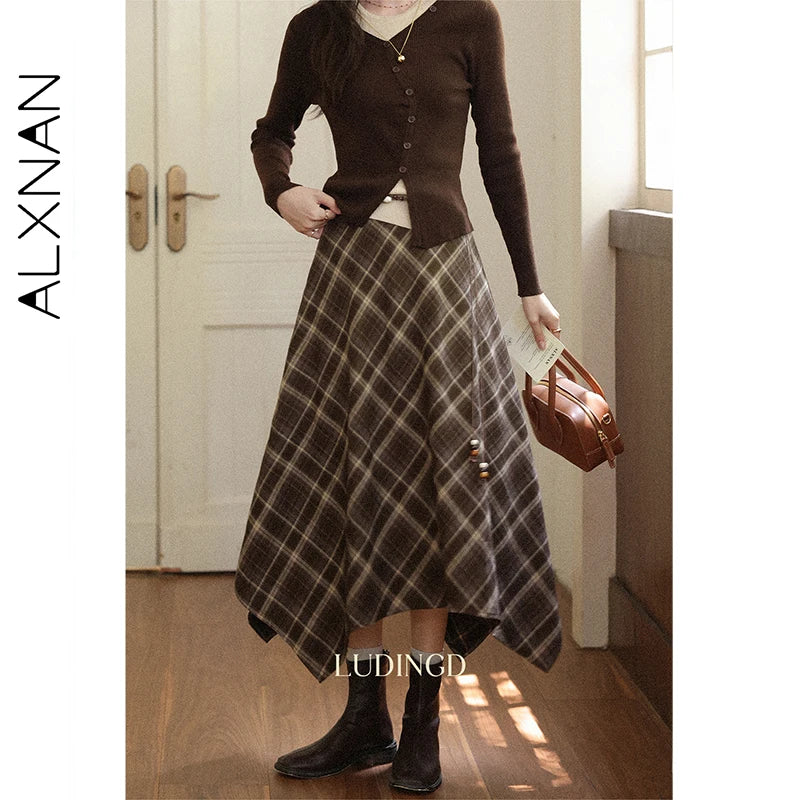 ALXNAN Black Plaid Irregular Skirt Women Elegant Long A-line Checkered Midi Skirts 2025 Fall Winter Female Clothing L57278-1