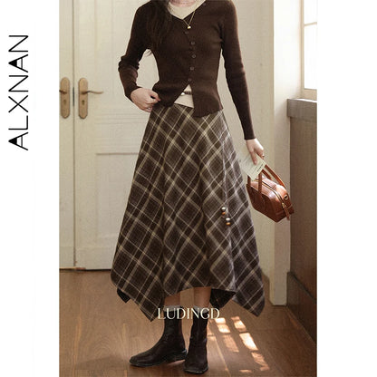 ALXNAN Black Plaid Irregular Skirt Women Elegant Long A-line Checkered Midi Skirts 2025 Fall Winter Female Clothing L57278-1