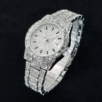 Elegant Diamond Watches Female Fashion Silver Round Stainless Steel Quartz Watch Iced Out Shiny Waterproof Clock Gift for Women