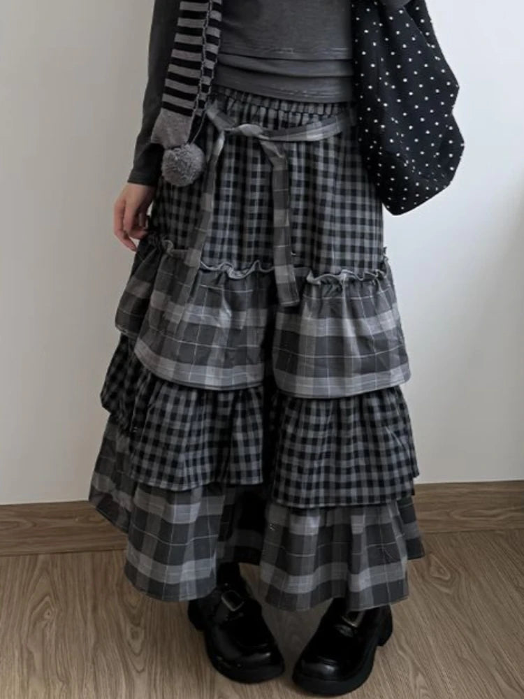 Japanese Style Vintage Puffy Cake Skirt Women Sweet Plaid Patchwork Ruched A-line Midi Skirts Harajuku Aesthetic Casual Clothing
