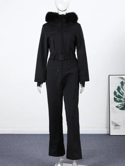 Casual Fur-Trimmed Hooded Ski Suit Women Fashion Belted Slim Full Sleeve Warm Jumpsuits Female 2026 Winter Snow Bodysuit Lady