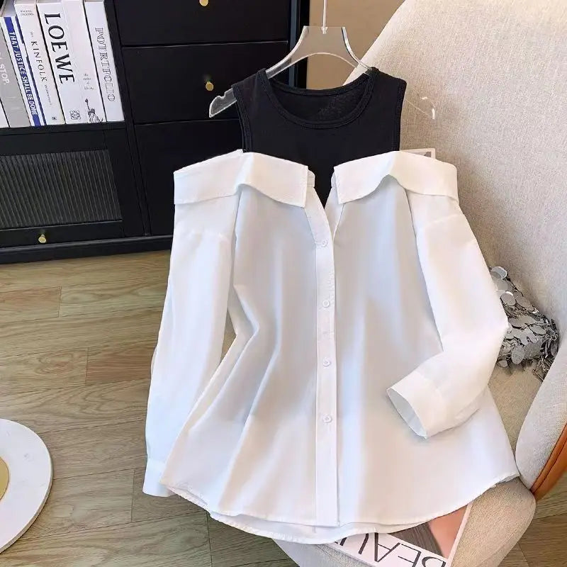 False Two Piece Polo Collar Blouse Women Shirt Loose Tank Patchwork Long Sleeve Shirts Off The Shoulder Spring Pullovers Top New