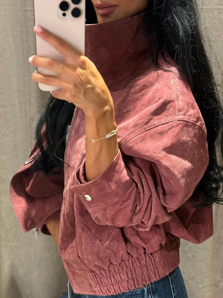 Women Dusty Faux Suede Bomber Jacket Stand Collar Zip Up Loose Drop Shoulder Elastic Hem Casual Fall Outerwear 2026 Fashion Coat