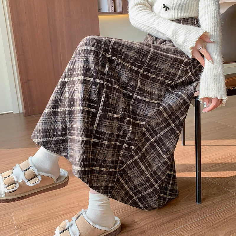 Women's Plaid Pleated A-Line Long Skirt
