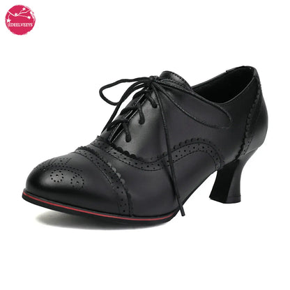 Women's Kitten Heels Oxford Pumps Retro Victorian Style Vintage Mid-Heels Lace Up Brogues Witch Costume Cosplay Shoes