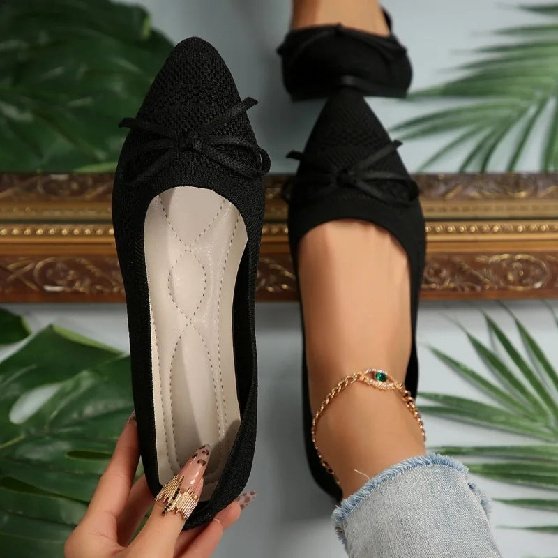 Pointed Bow Flying Flat Shoes Women's 2025 New Summer Casual Bean Shoes Knitted Soft Sole Knitted Women's Shoes Large Size 43