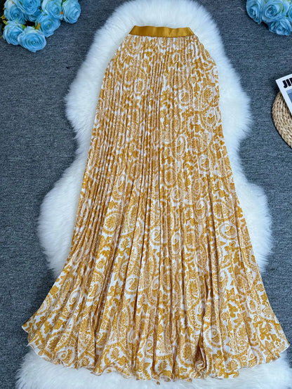 Polka Dot Print High Elegant A-line Pleated Long Skirt For Women 2025 Spring autumn Office Lady Casual Leopard Skirts