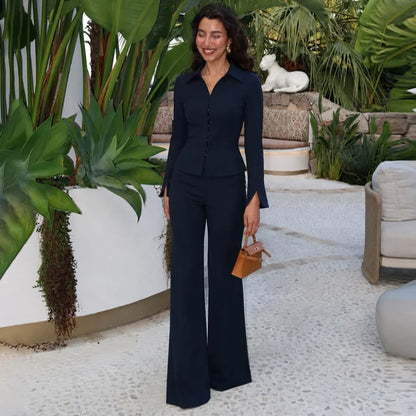Women Two Piece Suit Set Long Sleeve Fitted Peplum Blazer High Waist Flared Trousers Commuter Business Casual Matching Outfits