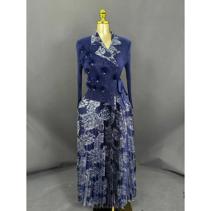 Miyake Europe New Women's Big Size Dress Fashion Feather Nail Drill Suit Collar Women Loose Pleated Long-sleeved Long Dresses