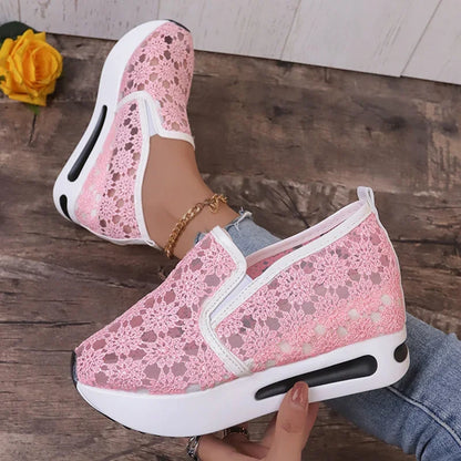 Fashion Embroidered Platform Sneakers for Women 2025 Summer Breathable Mesh Sports Shoes Woman Thick Sole Slip On Casual Shoes
