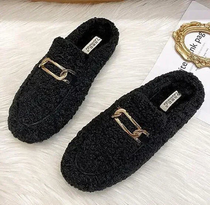 Winter Warm Plush Half Slippers Woman Outdoor Furry Mocasines Warm Slip on Cotton Shoes Woman Flats Cover Toe Curly Fur Slides
