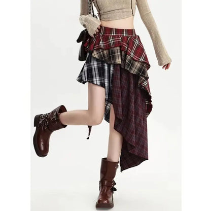 Summer Women Skirt Irregular Plaid Streetwear Patchwork Oversize Spice Girl Design Harajuku Female Midi Skirt