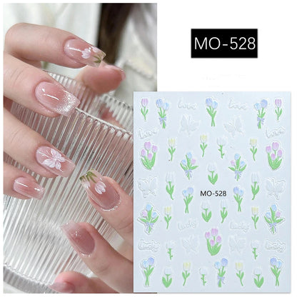 5D Embossed Nail Art Decals Elegant Petals Florals Daisy Flowers Leaves Adhesive Sliders Stickers For Manicure Tips Decoration