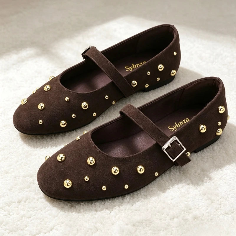 Women's Studded Buckle-Strap Mary Jane Flats