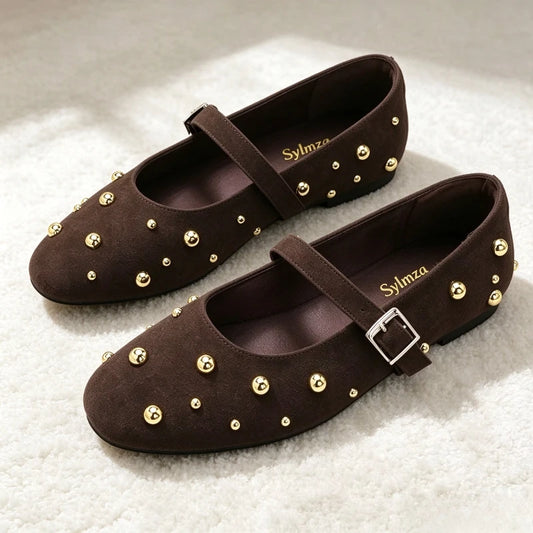Cool Gold Rivets Design Ballet Flats Women Faux Suede Belt Metal Buckle Low Heel Women Shoes Non-slip Soft Sole Mary Jane Shoes