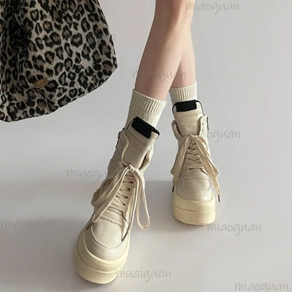 Women's High Top Boots Lace Up Round Toe Heighten Thick Sole Sneakers Trendy Street Fashion Casual Ankle Shoes Zapatos De Mujer