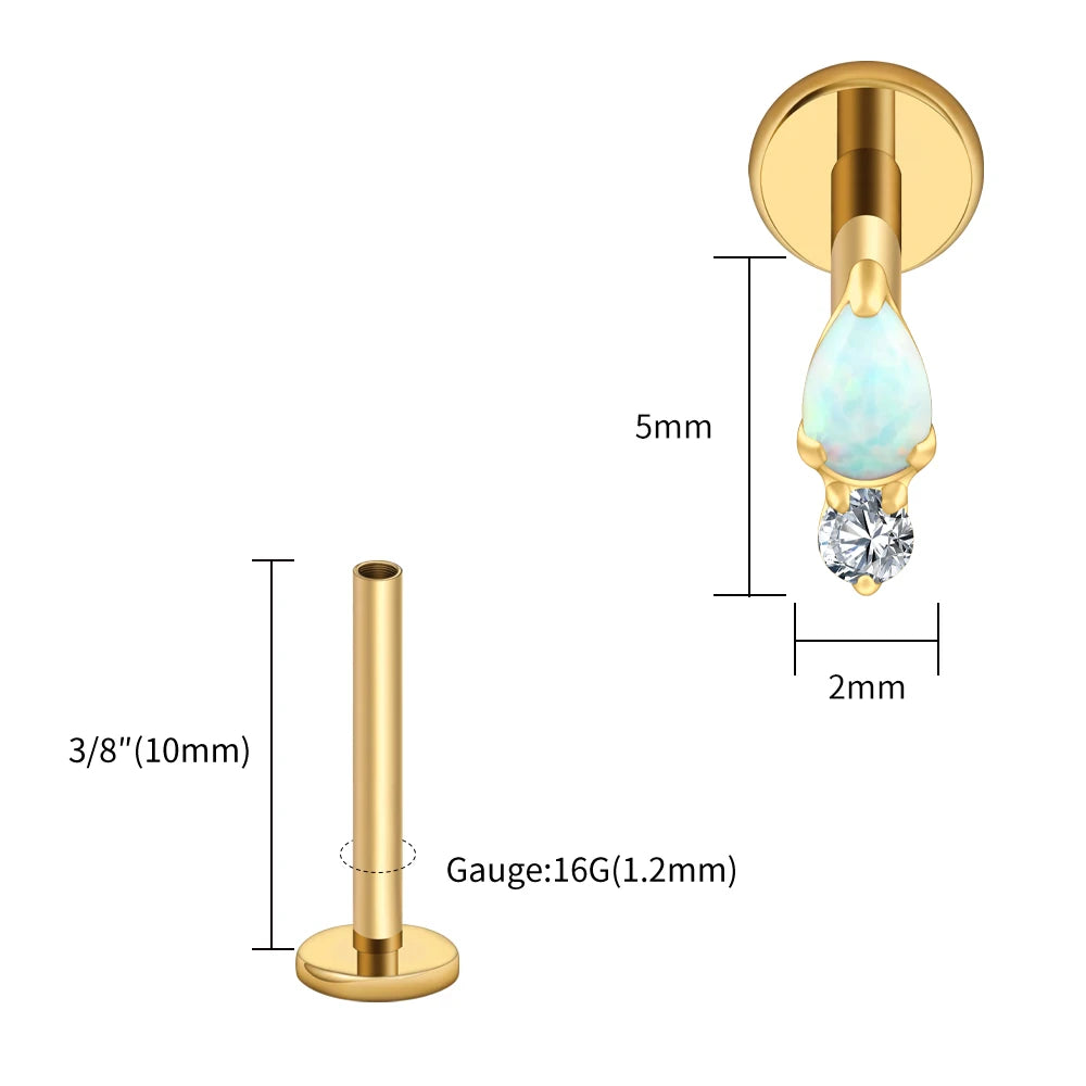 Right Grand ASTM F136 Titanium Teardrop Opal Cartilage Earring 16G Tiny Round CZ Forward Helix Labret Stud Piercing Jewelry