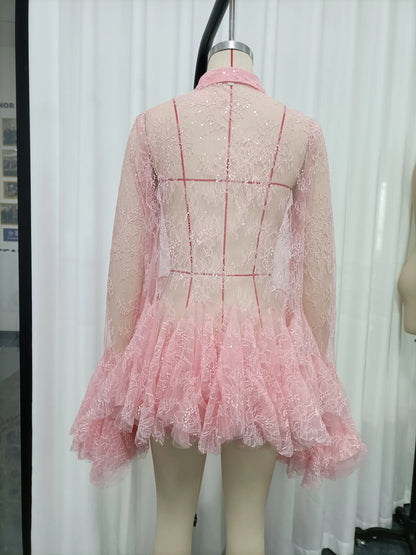 TWOTWINSTYLE Sheer Spliced Ruffles Folds Mini Dresses for Women Lapel Long Sleeves Patchwork Single Breasted Sexy Dress Female
