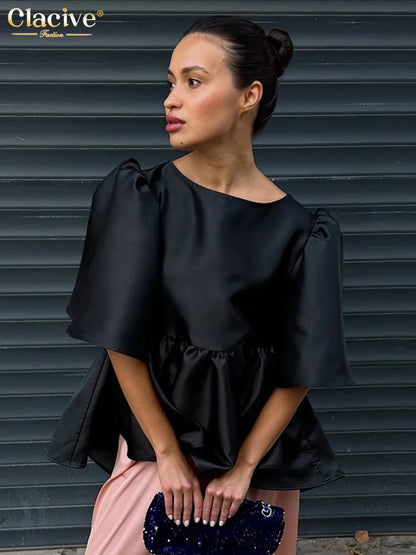 Clacive Fashion Loose Black Satin Women's T Shirt 2026 Summer O-Neck Short Sleeve T-Shirts Elegant Classic Top Female Clothing
