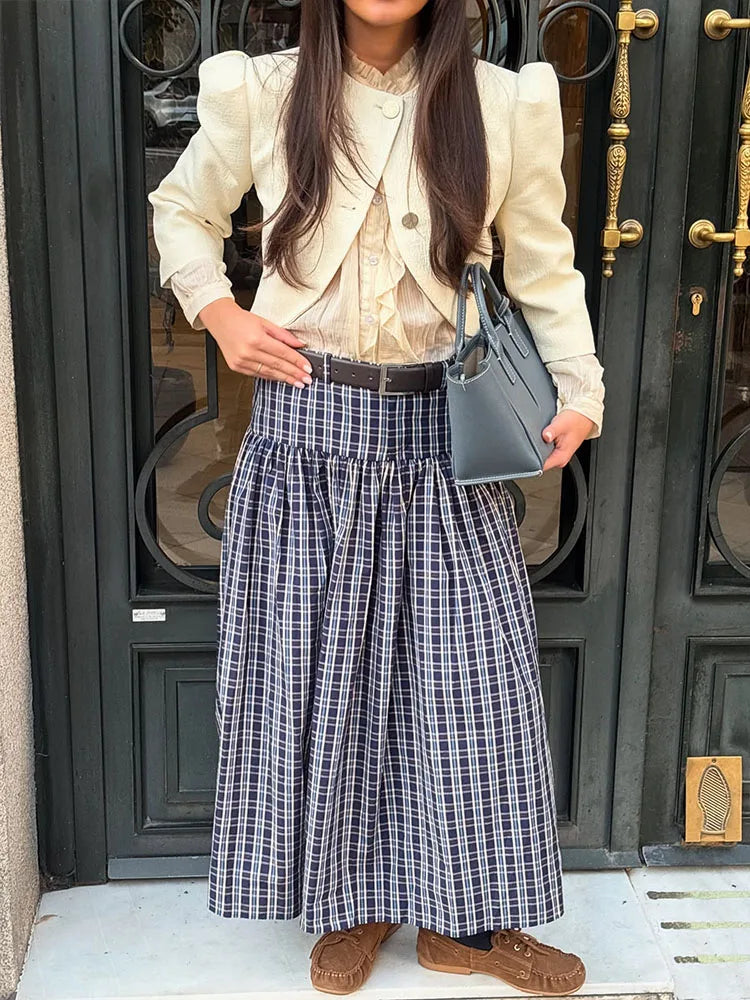 Women's Checked Pleated Skirt with Waist Detail