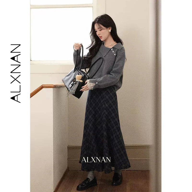 ALXNAN Gray Plaid Skirt High-waist Long A-line Checkered Fishtail Skirt Fall Casual Office Lady Elegant Tassel Skirts L57318
