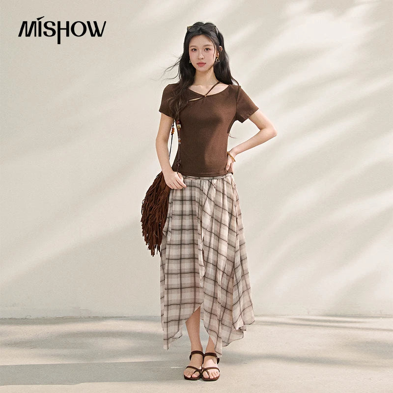 MISHOW New French-style Plaid Chiffon High-waist Skirt 2026 Summer Elegant Irregular Invisible Zipper Dress for Women MXF21B2493