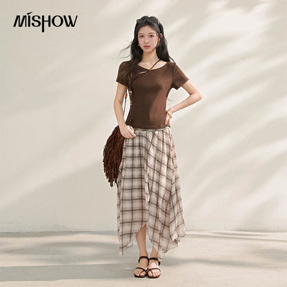 MISHOW New French-style Plaid Chiffon High-waist Skirt 2026 Summer Elegant Irregular Invisible Zipper Dress for Women MXF21B2493