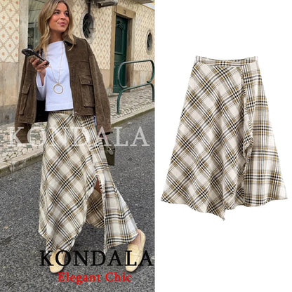 KONDALA Women Trendy Holiday Midi Skirt Asymmetric Plaid Split Fork Skirt Fashion 2026 Spring Summer Streetwear Party Lady Skirt