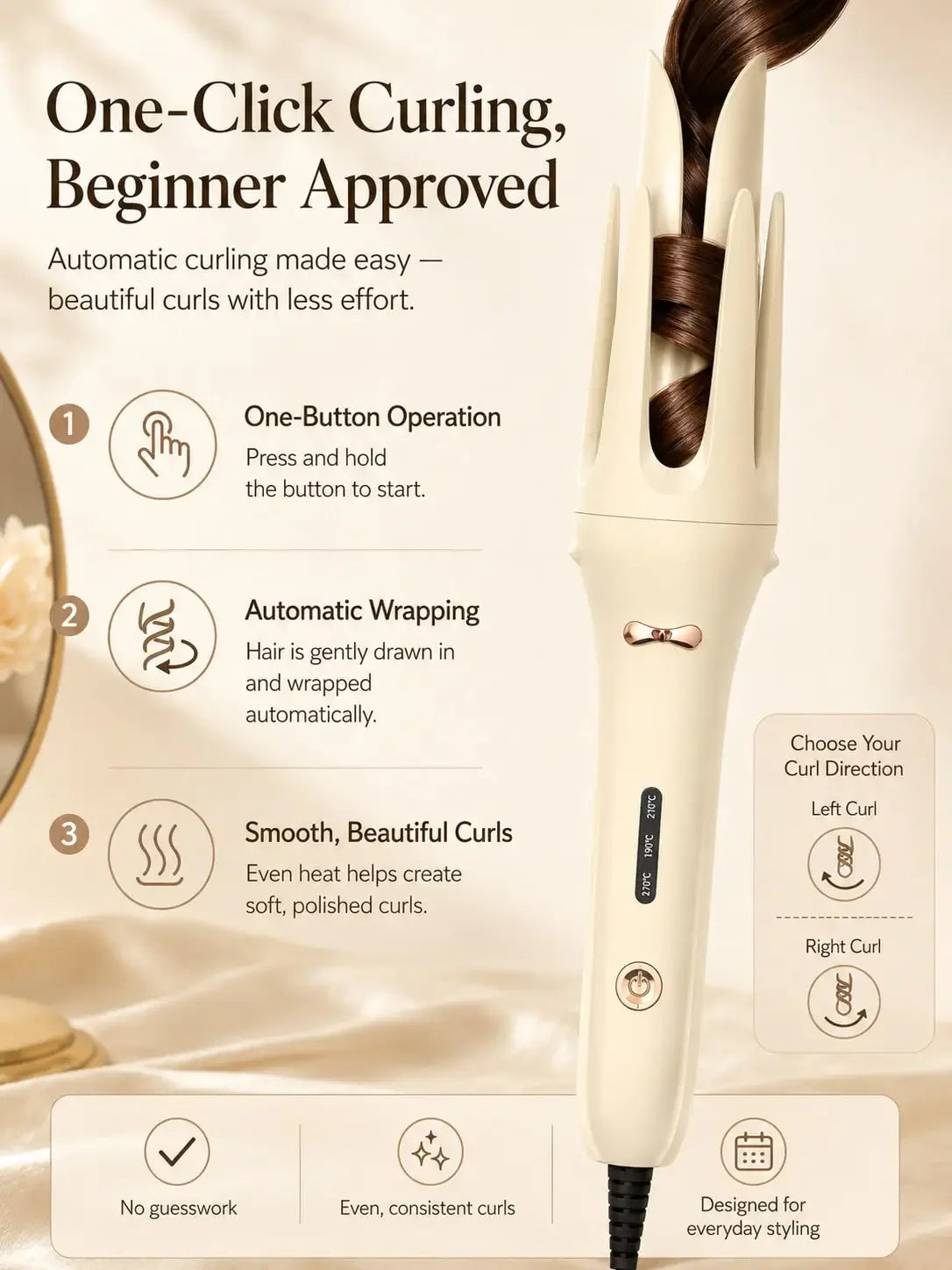 Genai Automatic Curling Iron, Anti-Scald Automatic Hair Curler with 3 Temperature Settings, Fast Heat Up Hair Styling Tool, Portable Curling Wand for Creating Quick Curls & Waves, Home Salon Hair Styling Appliance for Women