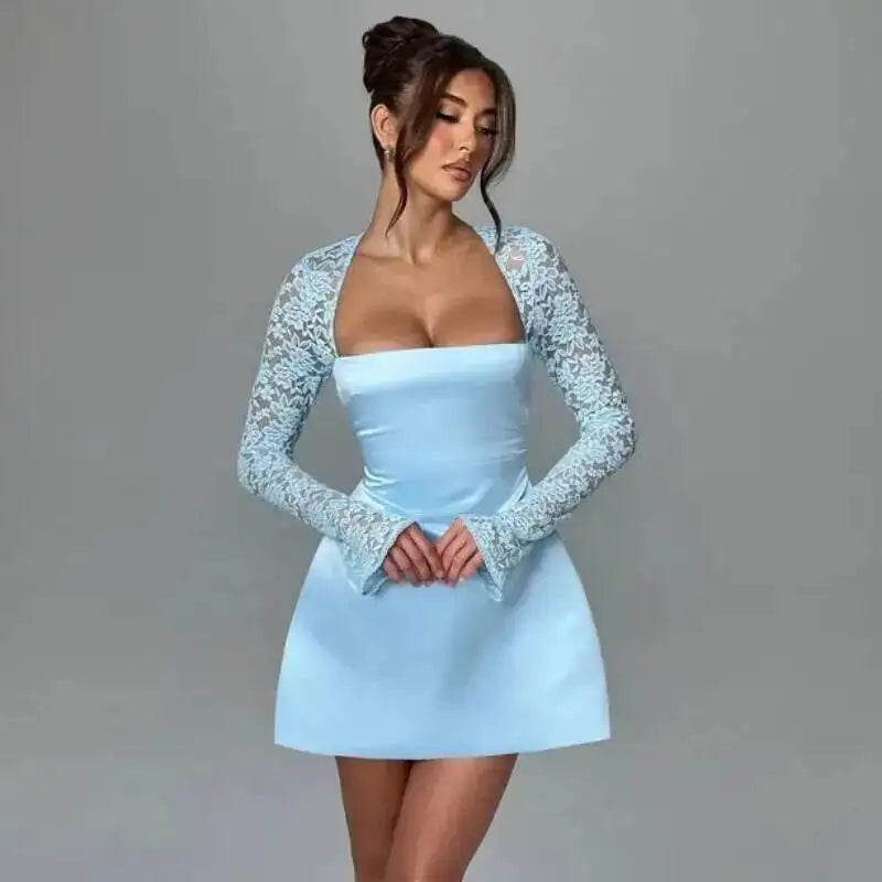 Dresses Lace Patchwork Waist Wrap A-line Dress Women Mini Autumn Winter Dress Backless Nightclub Sexy Party Dresses