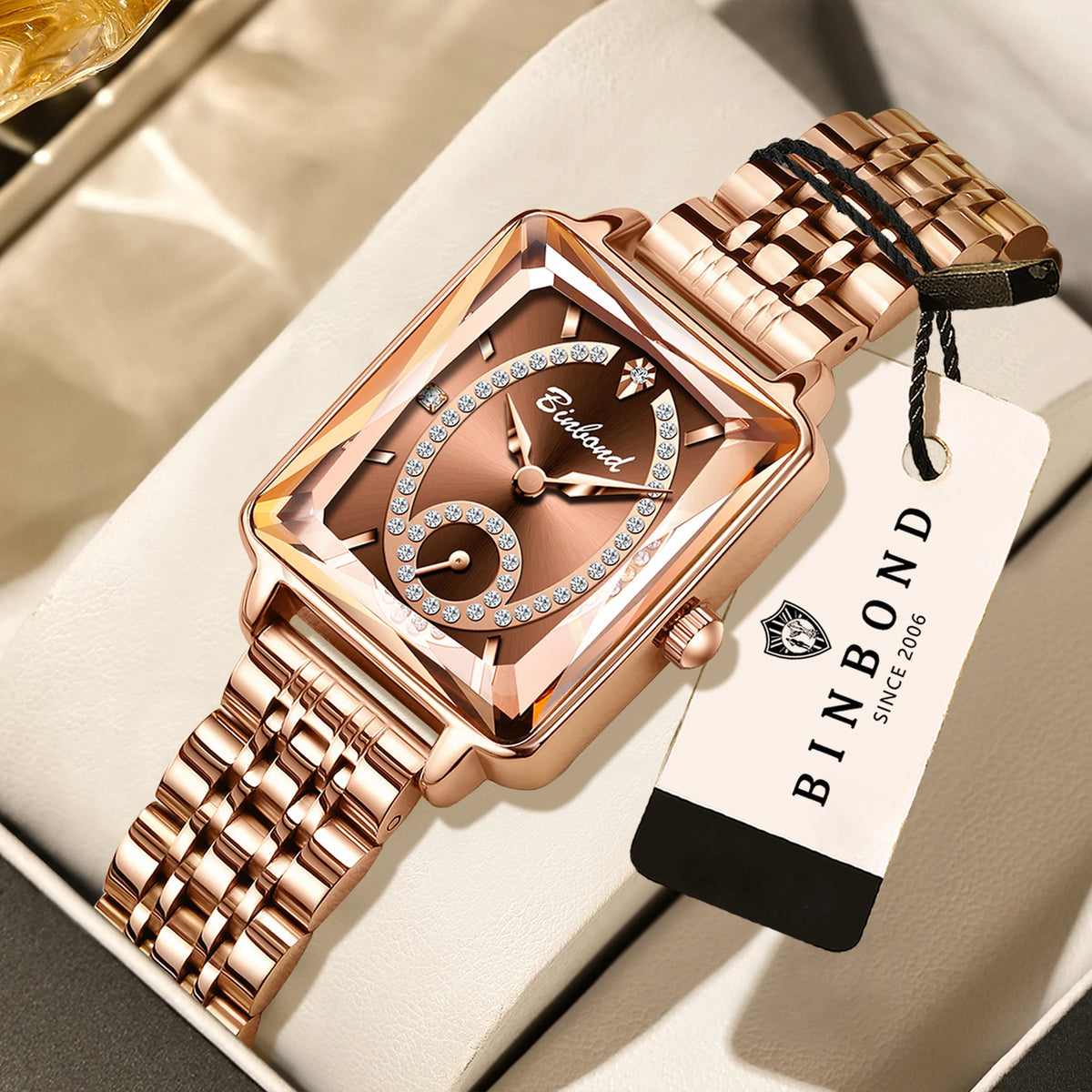 BINBOND Luxury Rectangle Fashion Quartz Watches for Women Precise Luminous Waterproof Zircon Ladies Watch Durable Casual Reloj