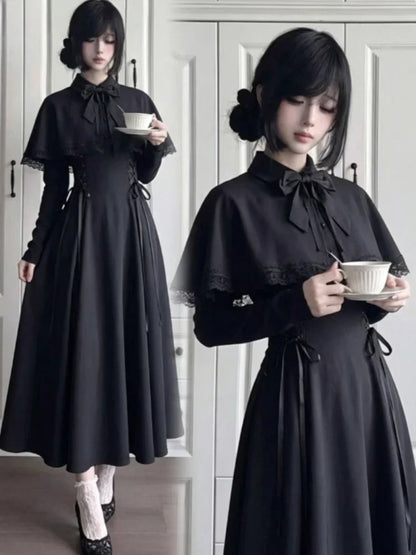 Japanese Gothic Vintage Black Dress Slim Elegant Midi Dress Solid Retro Fashion Party Dress Woman Korean Style Chic