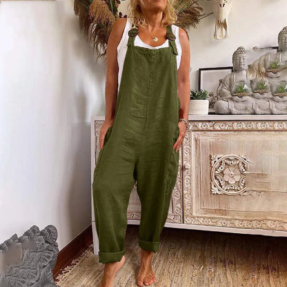 Women Cotton Linen Pocket Jumpsuits Summer Female Sleeveless Wide Leg Loose Overalls JYFS-3255