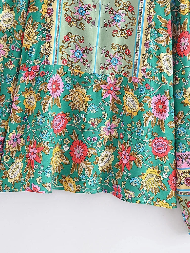 Vintage Chic Women Green Floral Printed V-neck Lace-up Bohemian Blouse Shirts Long Sleeve Tassel Rayon Tops Boho Shirt Blusas