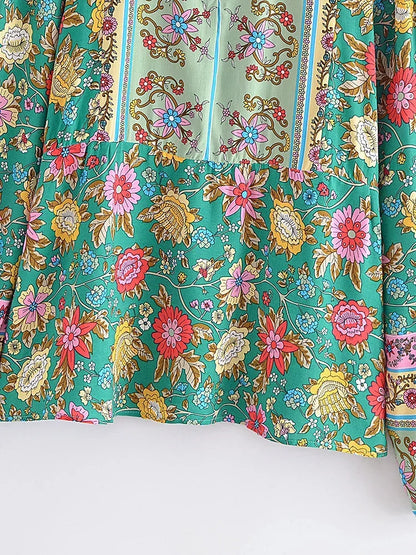 Vintage Chic Women Green Floral Printed V-neck Lace-up Bohemian Blouse Shirts Long Sleeve Tassel Rayon Tops Boho Shirt Blusas