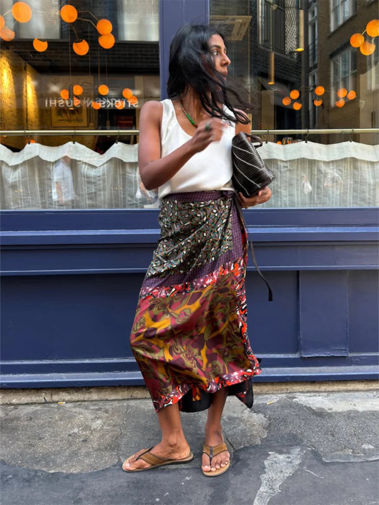 Women's Boho Printed Wrap Midi Skirt Self‑tie Satin High‑waist Split Loose Long Skirts 2026 New Summer Holiday Street Clothes