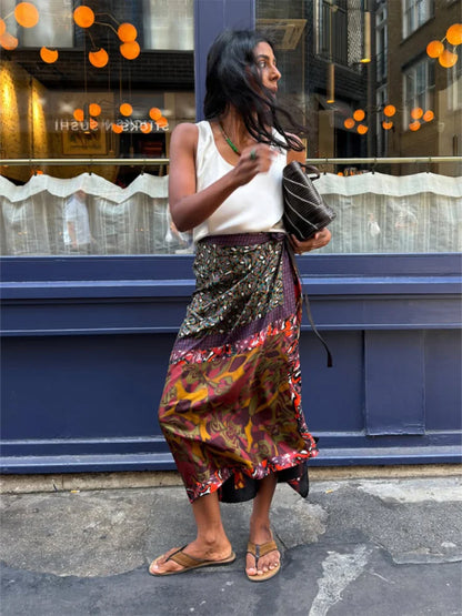Women's Boho Printed Wrap Midi Skirt Self‑tie Satin High‑waist Split Loose Long Skirts 2026 New Summer Holiday Street Clothes