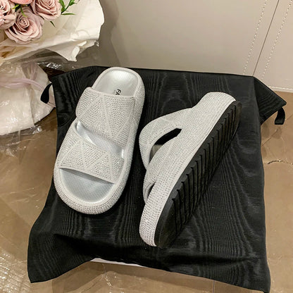 Fashion Flat Sandals Summer New Round Head Open Toe Crystal with Waterproof Table Anti-slip Wear-resistant Slippers