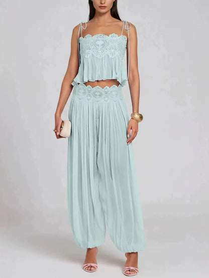 Women Pant Set Sheer Layers Spaghetti Strap Backless Lace Top Straps Solid Loose Straight Elastic Hem Fashion Beach Chic Suits