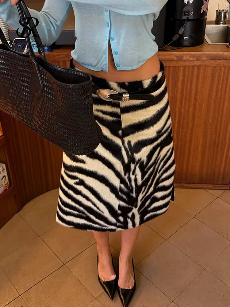 SINGREINY Fluffy Zebra Print Midi Skirt Autumn French Elegant Zipper High Waist Split Slim Female Commute Trendy Street Skirts