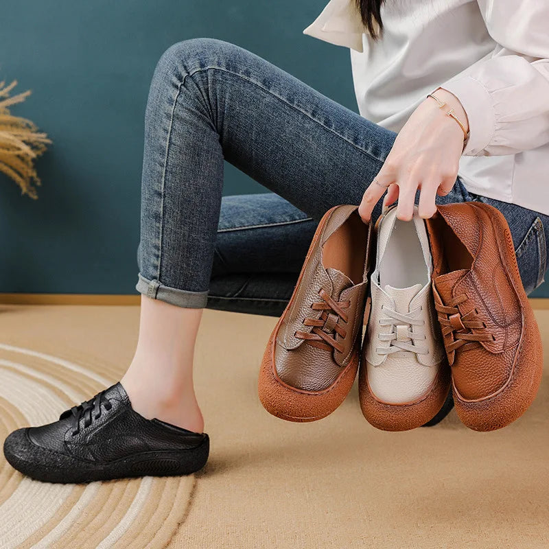 Lace Up Genuine Leather Shoes New Women's Soft Moccasins Woman Convertible Wide Fit Loafers Mom Oxfords Flats Ladies Flat Shoes