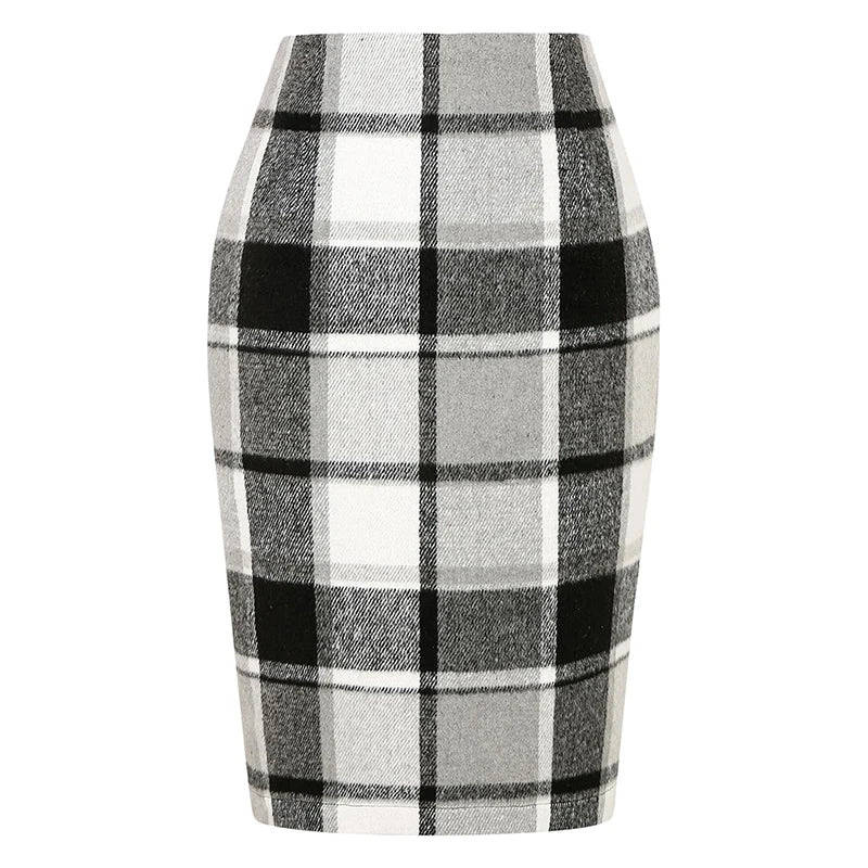 Women Tartan Plaid Thick Woolen Pencil Skirt Lined Back Invisible Zipper High Waist Bodycon Midi Skirt For Daily Casual Outings